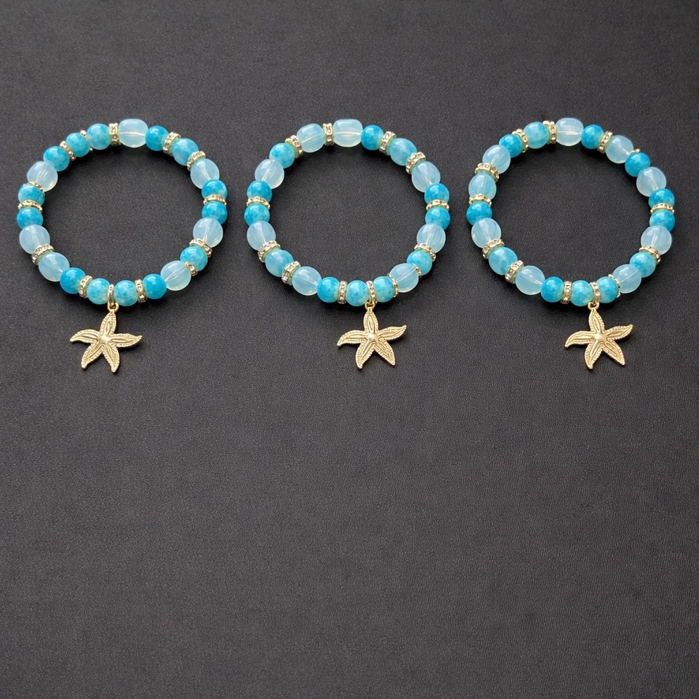 Set of 3 Turquoise Glass Bead Bracelets Gold Starfish Charm Stretch Stack